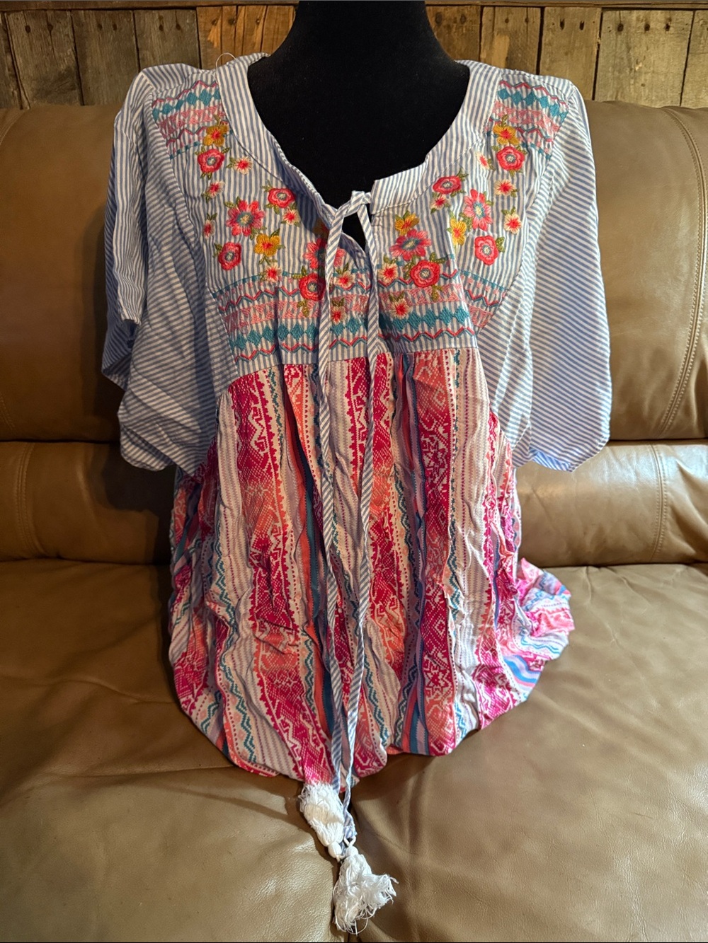 Savanna Jane Blue Striped Embroidered Peasant Tunic with Pink Panels